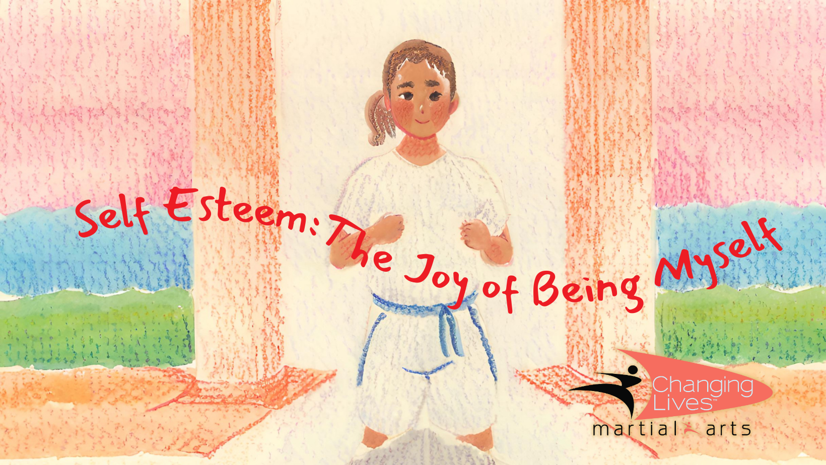 Strong young girl in a white martial arts uniform standing between pillars and looking confident