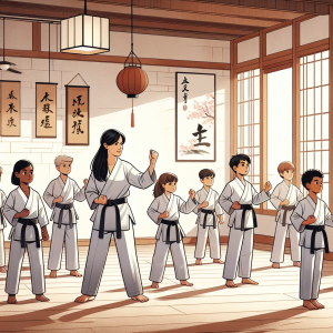 Group of students practicing discipline in martial arts class