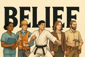 Large word BELIEF with pictures of 5 different adults in work clothing and martial arts uniforms