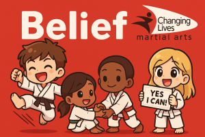 Four diverse child martial arts students celebrating Belief and holding up a sign that says Yes I Can!