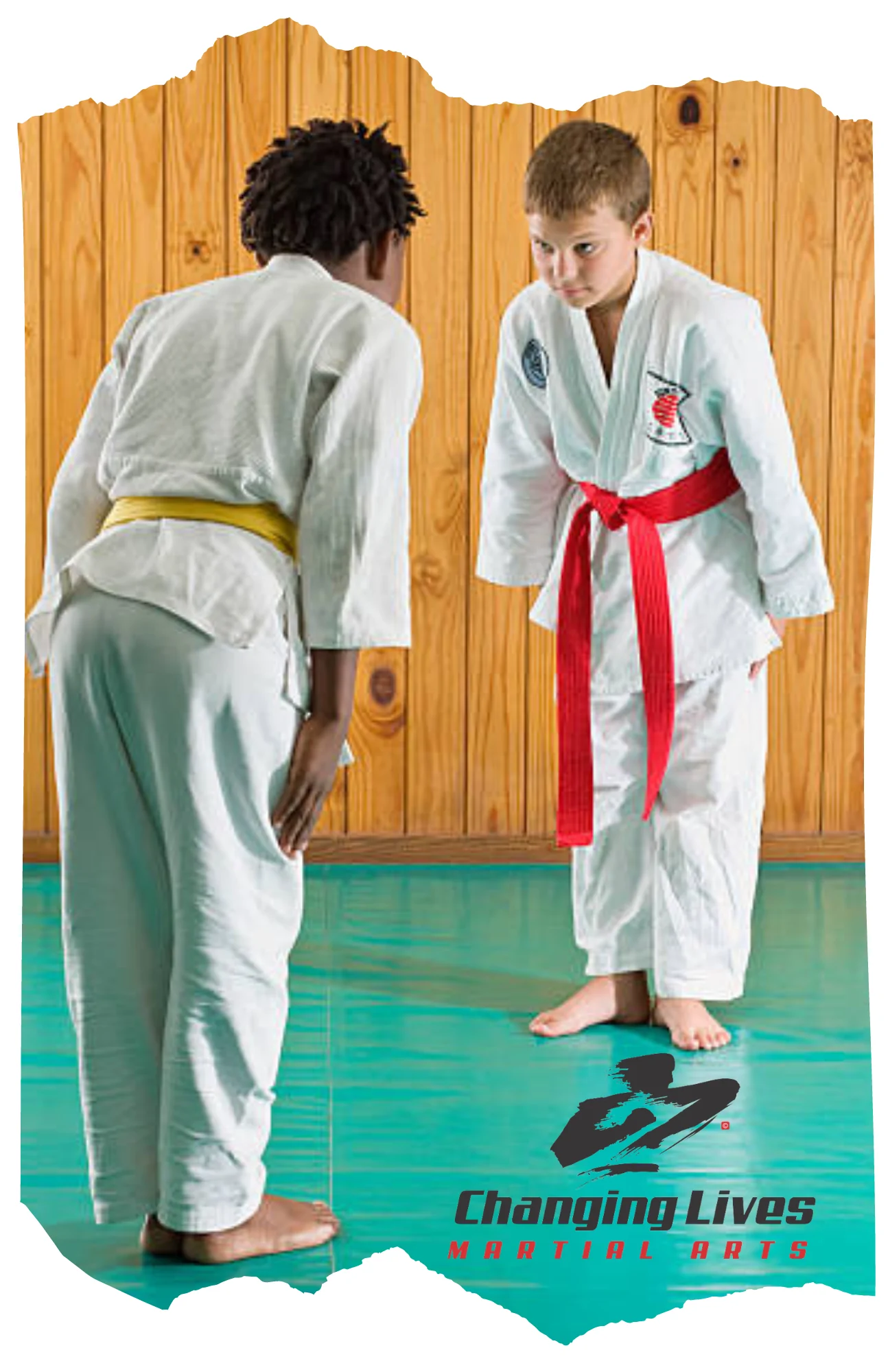 Martial arts students bowing together with respect and courtesy